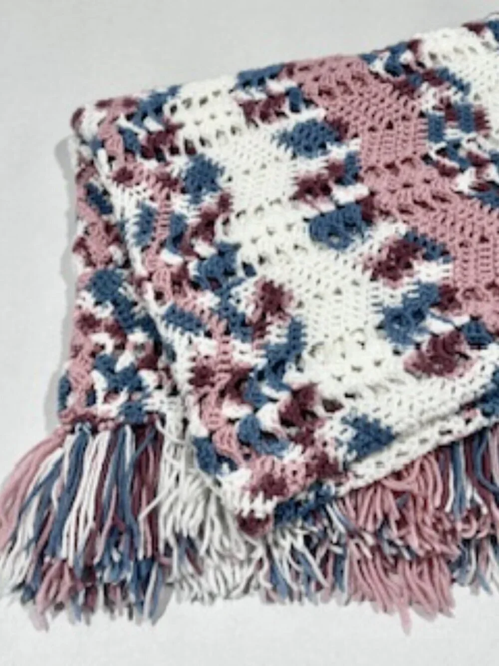 Handknit Crochet Afghan Throw Blanket Fringe Lacy Ripple Multicolor 45inx68in